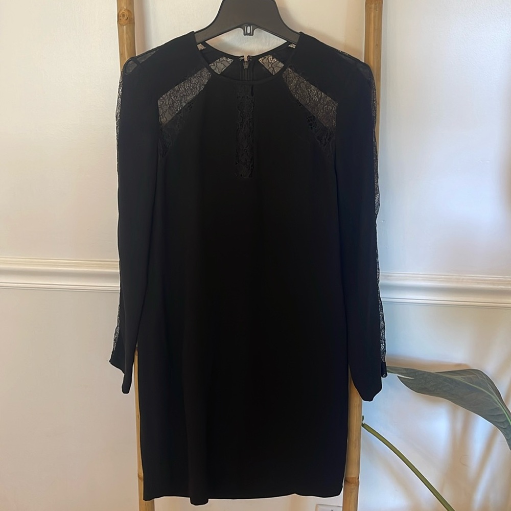BCBGMaxAzria Payten Long Sleeve Lace Insert Shift Dress Black